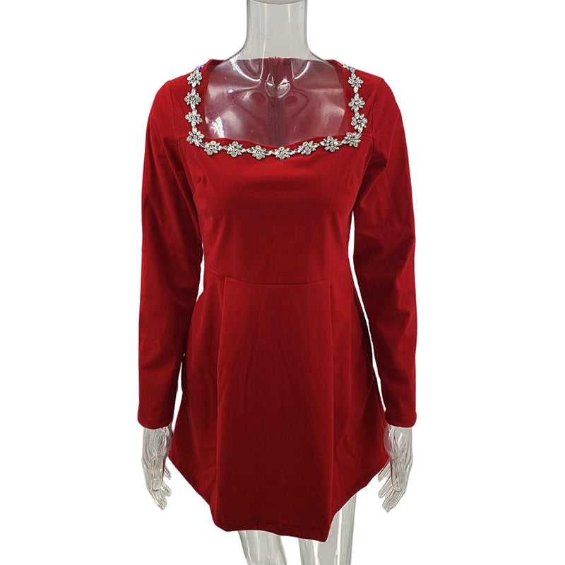 Women's Rhinestone Square Neck Velvet Dress, Long Sleeve Bodycon A-Line Mini Dress