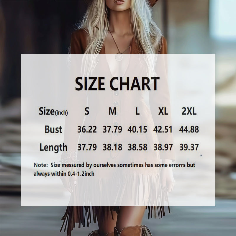 Women's Western Style V-Neck Long Sleeve Solid Color Mini Dress With Button Front & Fringe Hem Casual To Semi-Formal Dress