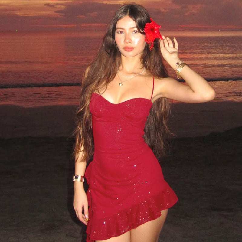 Womens Ruffled Sequin Camisole Dress