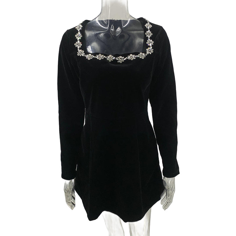 Women's Rhinestone Square Neck Velvet Dress, Long Sleeve Bodycon A-Line Mini Dress