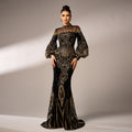 Long Sleeve Round Neck Sequins Mesh Fishtail Evening Dress