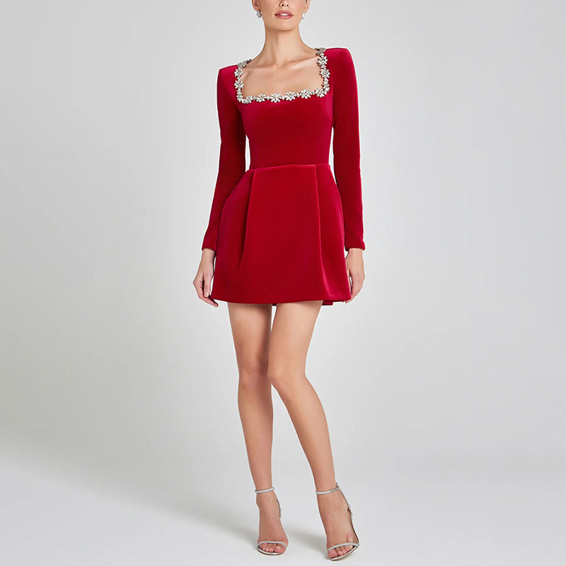 Women's Rhinestone Square Neck Velvet Dress, Long Sleeve Bodycon A-Line Mini Dress