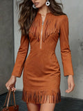 Western Cowboy-Style Suede Fringe Bodycon Mini Dress With Long Sleeves