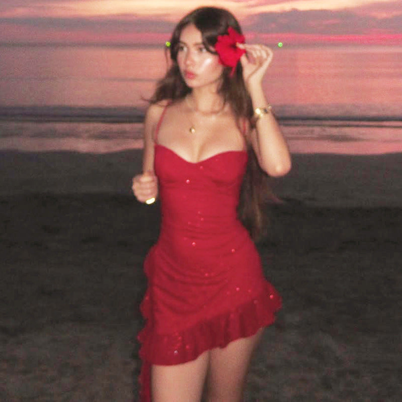 Womens Ruffled Sequin Camisole Dress