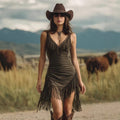 Womens Sexy Deep-V Halter Dress With Cut-out Fringes And A Figure-hugging Fit