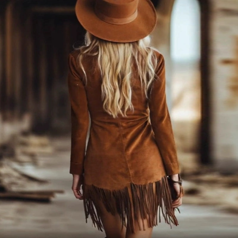 Women's Western Style V-Neck Long Sleeve Solid Color Mini Dress With Button Front & Fringe Hem Casual To Semi-Formal Dress