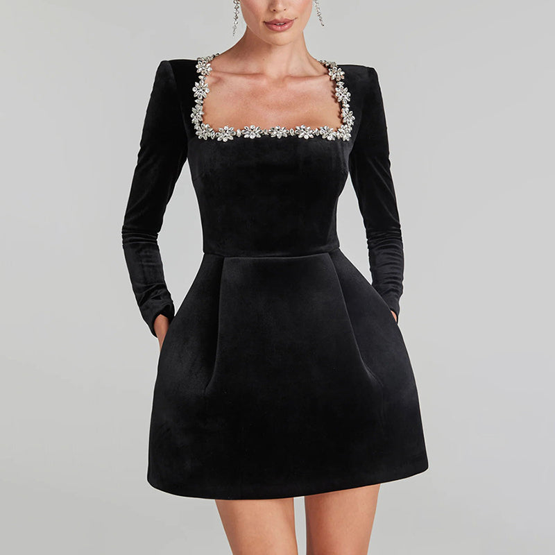 Women's Rhinestone Square Neck Velvet Dress, Long Sleeve Bodycon A-Line Mini Dress