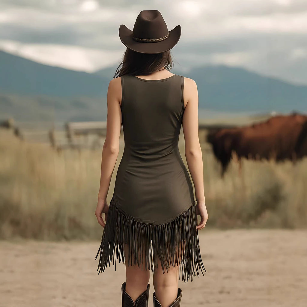 Womens Sexy Deep-V Halter Dress With Cut-out Fringes And A Figure-hugging Fit