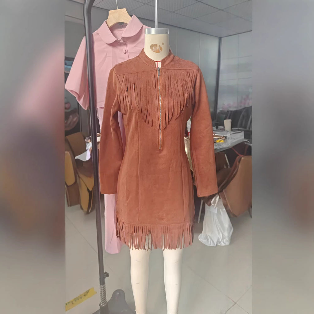 Western Cowboy-Style Suede Fringe Bodycon Mini Dress With Long Sleeves