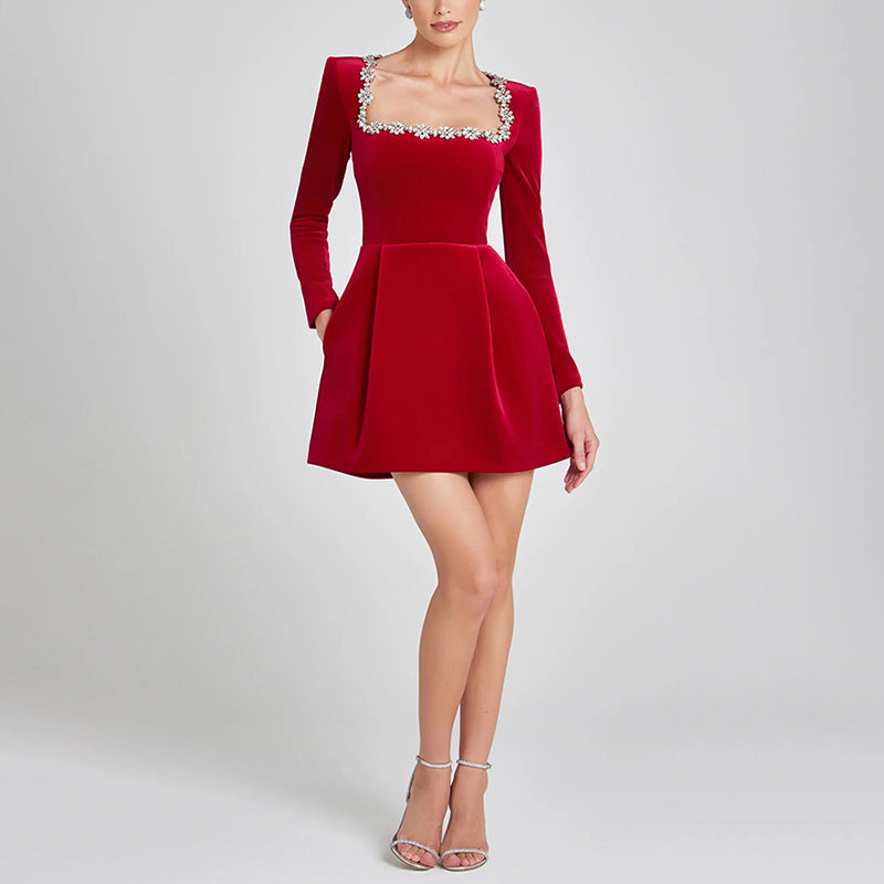 Women's Rhinestone Square Neck Velvet Dress, Long Sleeve Bodycon A-Line Mini Dress
