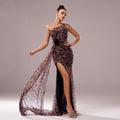 One-shoulder Diagonal Collar Leopard Sequined Evening Dress