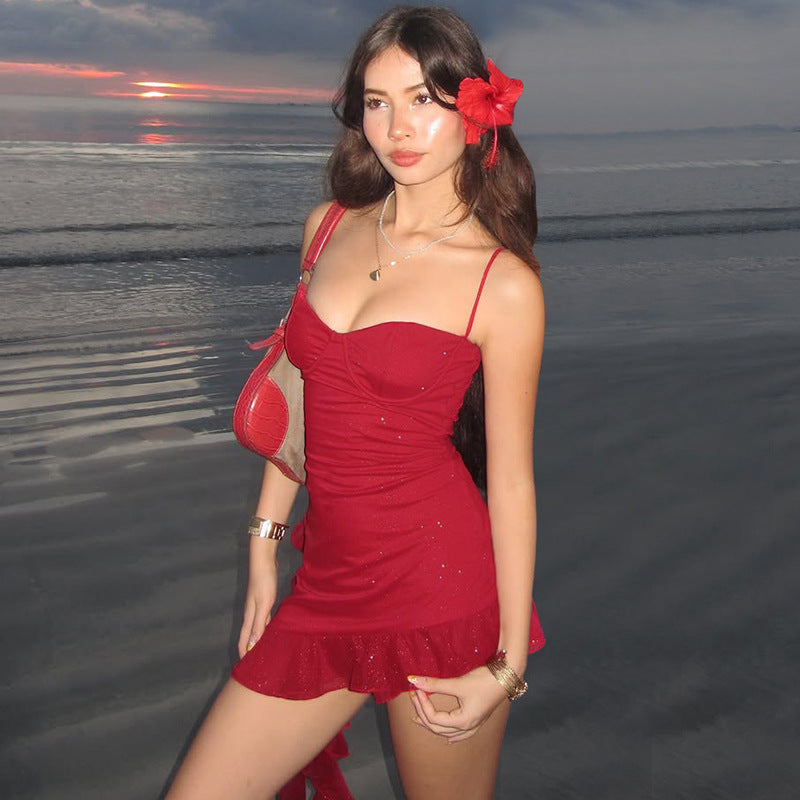 Womens Ruffled Sequin Camisole Dress